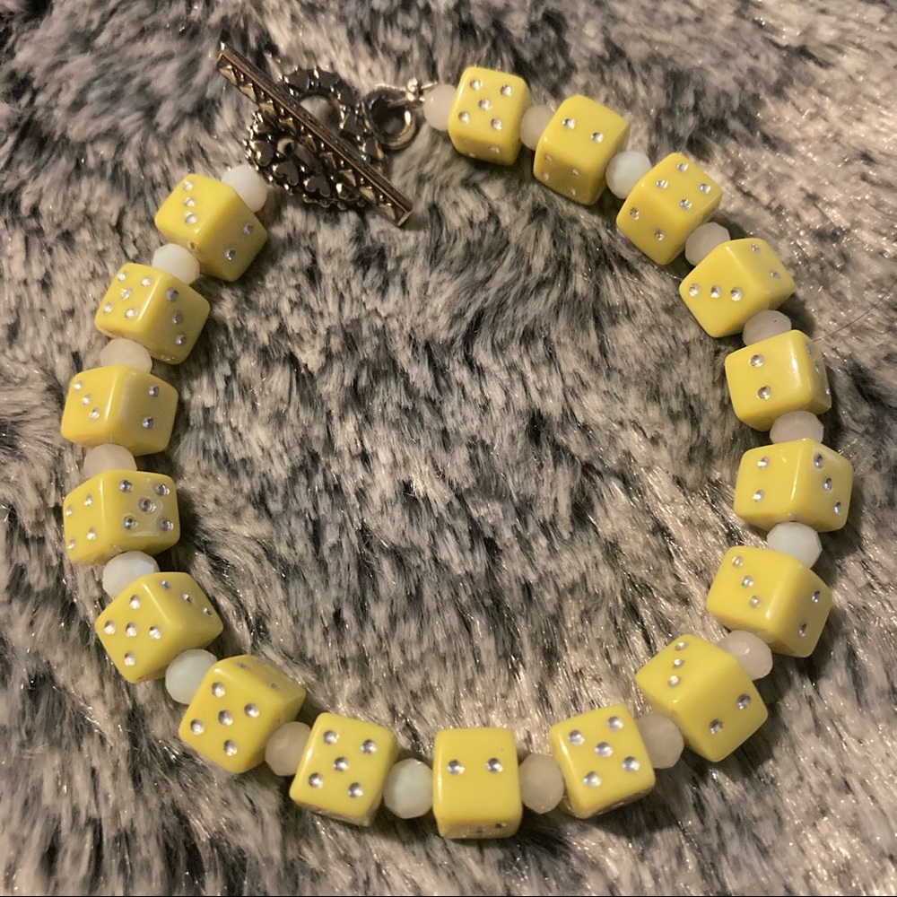 New Bright Yellow Lucite Dice Casino Bracelet w/ White Cut Faceted Glass Accents
